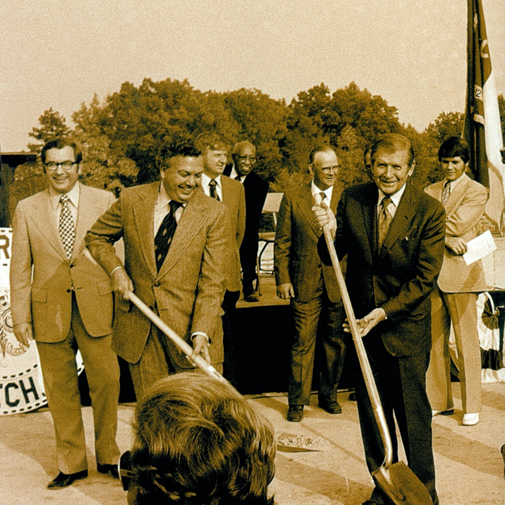 Vintage sepia-toned image of men in business suits holding shovels at a groundbreaking ceremony.