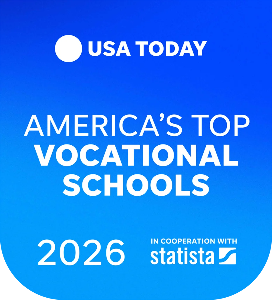 Blue shield-shaped badge with text: 'USA Today America's Top Vocational Schools 2026, in cooperation with Statista.'