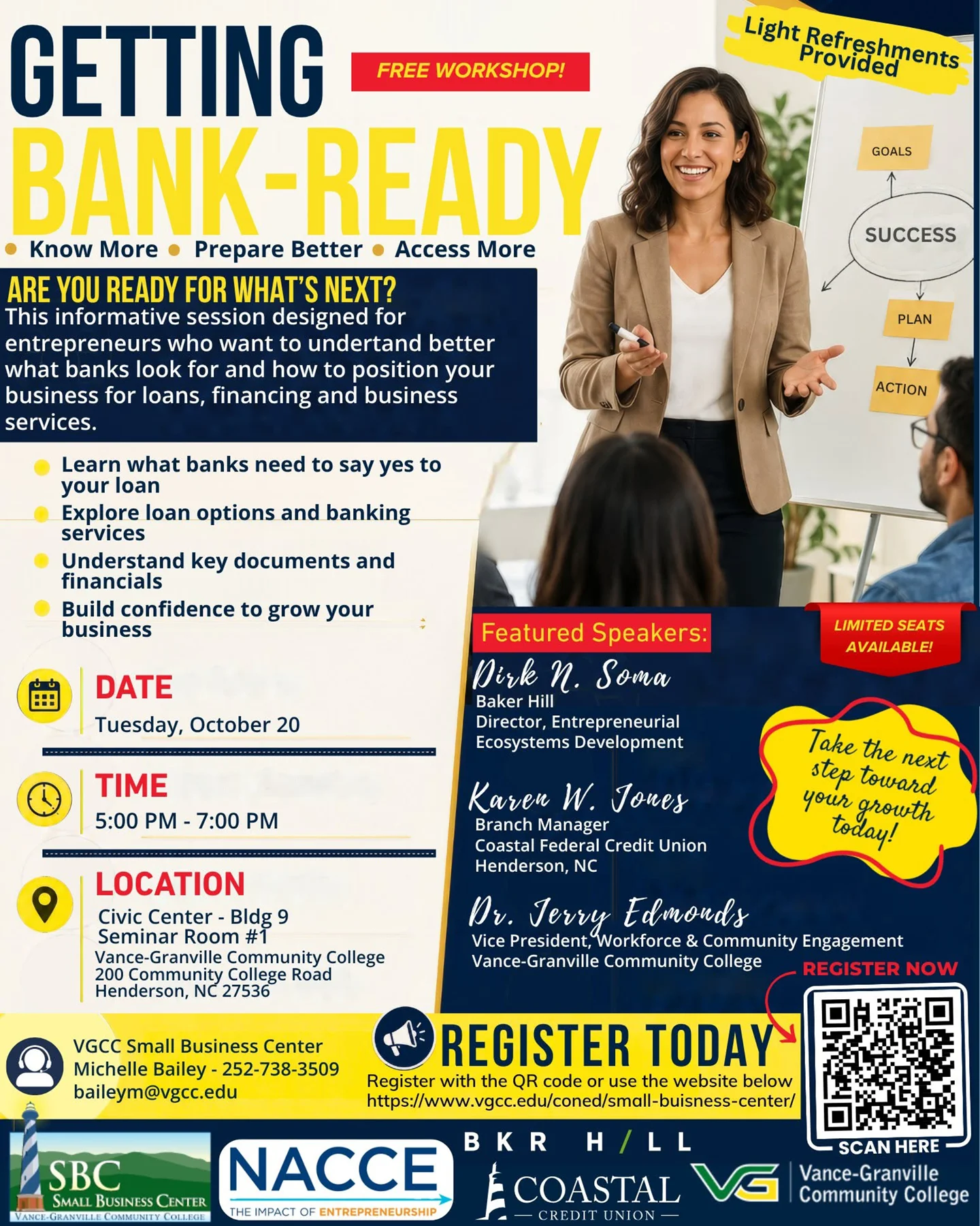 Flyer for October 2026 'Getting Bank Ready' workshop at the VGCC Small Business Center. Details and registration at https://www.ncsbc.net/workshop.aspx?ekey=530460057