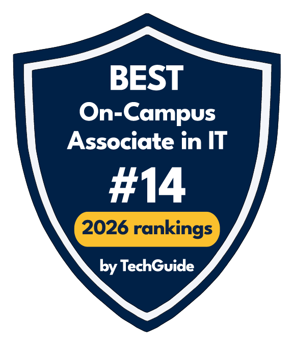 Badge graphic with text reading 'Best On-Campus Associate in IT - #14 - 2026 rankings by TechGuide.'
