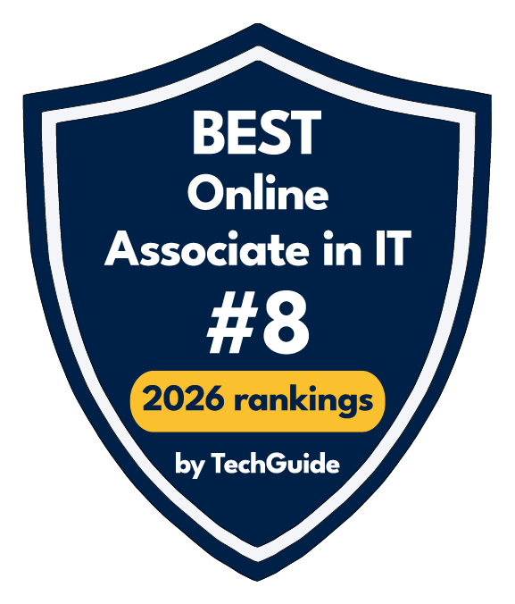 Badge graphic with text reading 'Best Online Associate in IT - #8 - 2026 rankings by TechGuide.'